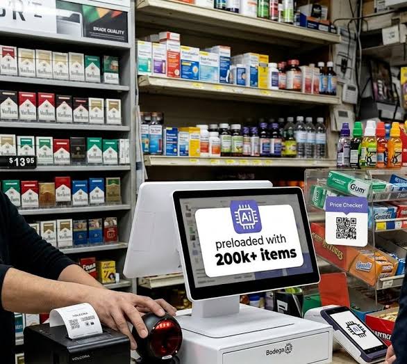 Terminal de punto de venta Bodega AI en el mostrador de una tienda de barrio