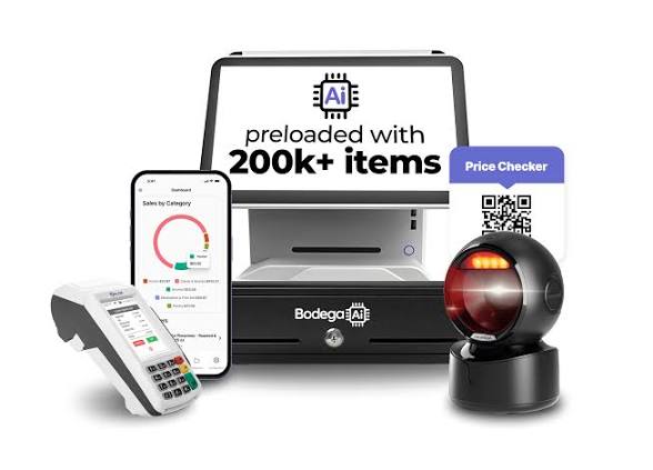 Bodega AI POS hardware: terminal, cash drawer, card reader, price checker and mobile dashboard