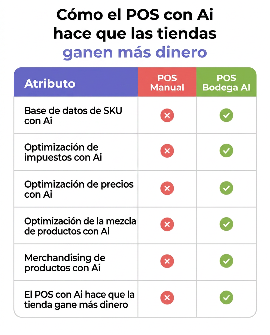 Tabla comparativa que muestra cómo Bodega AI POS supera al POS manual con base de datos de SKU con IA, optimización fiscal con IA, optimización de precios con IA, optimización de mix de productos con IA, merchandising con IA y mayores ganancias para la tienda